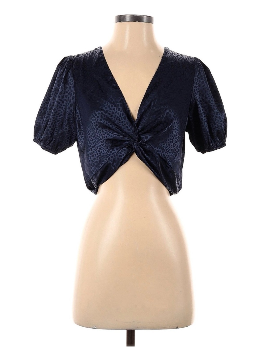 Navy Silk Leopard Twist-Front Puff Sleeve Crop Top NWT
